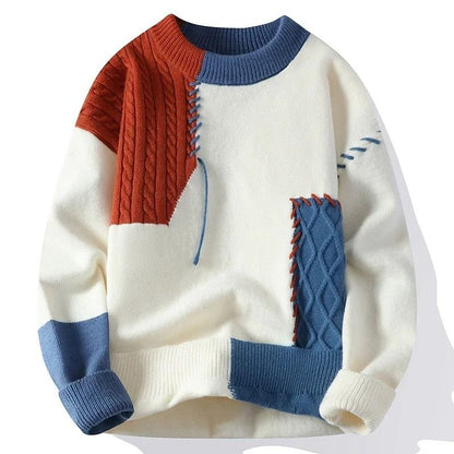 Patchwork Warm Sweater for Men Autumn and Winter Streetwear Style