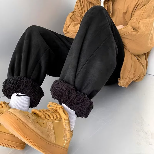 Men's Winter Ski Pants, Lamb Wool Insulation, Thickened Fleece Lining, Trendy Deer Pattern, Northeast Style Outerwear