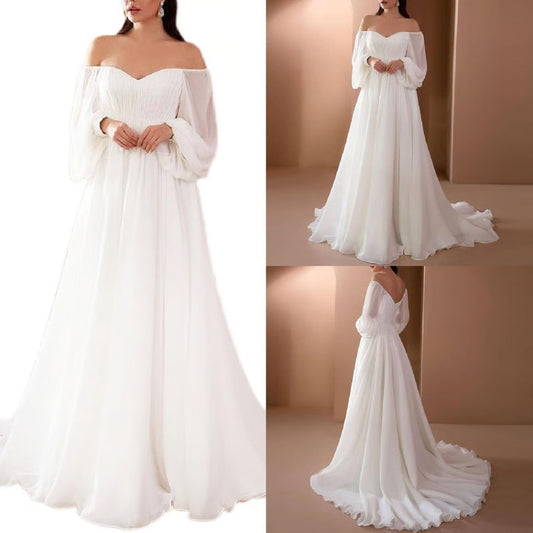 Elegant Womens Off Shoulder Maxi Dress, Sexy Lace Evening Gown Lantern Sleeve High Waist, White Long Flowy Hem Dress