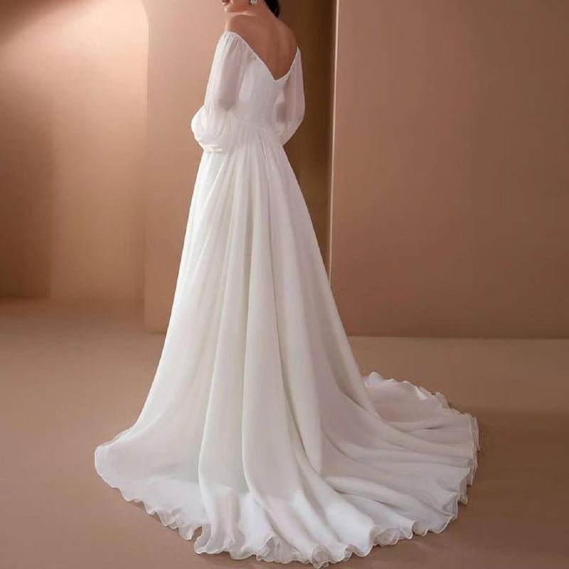 Elegant Womens Off Shoulder Maxi Dress, Sexy Lace Evening Gown Lantern Sleeve High Waist, White Long Flowy Hem Dress