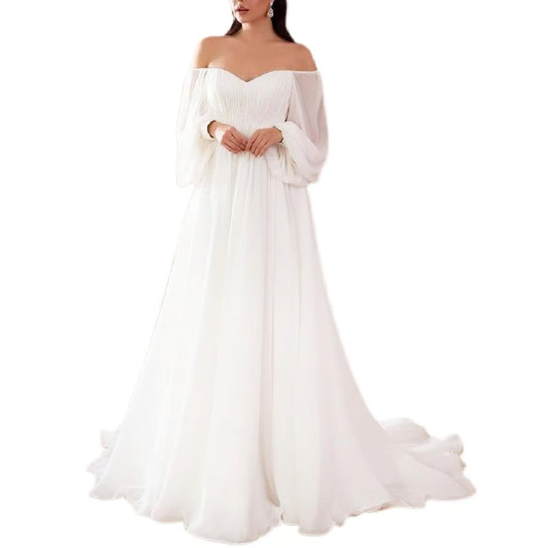 Elegant Womens Off Shoulder Maxi Dress, Sexy Lace Evening Gown Lantern Sleeve High Waist, White Long Flowy Hem Dress