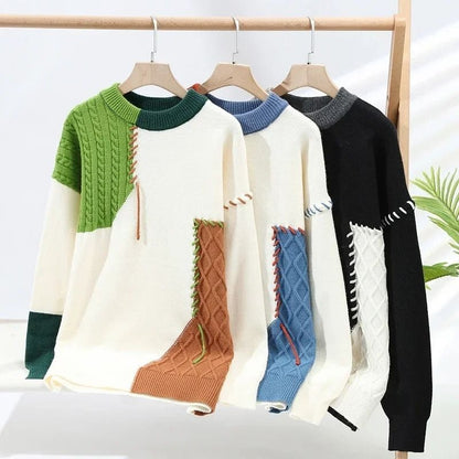 Patchwork Warm Sweater for Men Autumn and Winter Streetwear Style