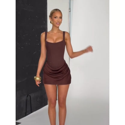 Women's Coffee Pleated Sling Dress, Sleeveless U-Neck Evening Mini Dress with High Waist for Party, Highstreet Fashion