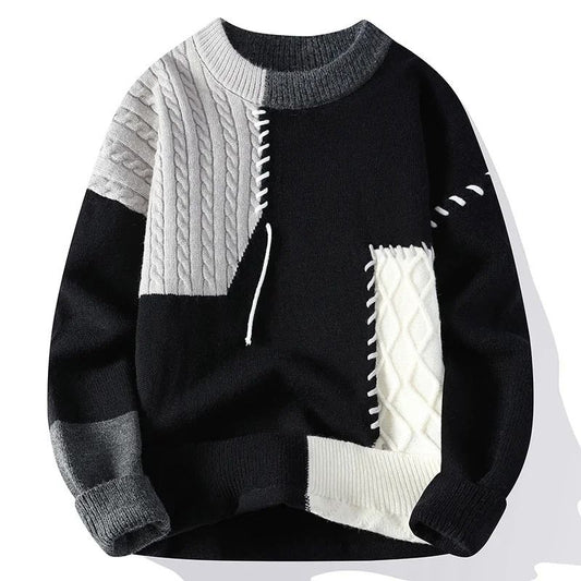 Patchwork Warm Sweater for Men Autumn and Winter Streetwear Style