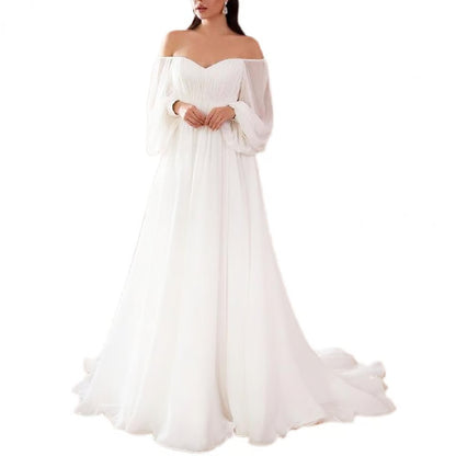 Elegant Womens Off Shoulder Maxi Dress, Sexy Lace Evening Gown Lantern Sleeve High Waist, White Long Flowy Hem Dress