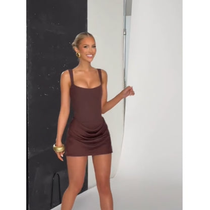 Women's Coffee Pleated Sling Dress, Sleeveless U-Neck Evening Mini Dress with High Waist for Party, Highstreet Fashion