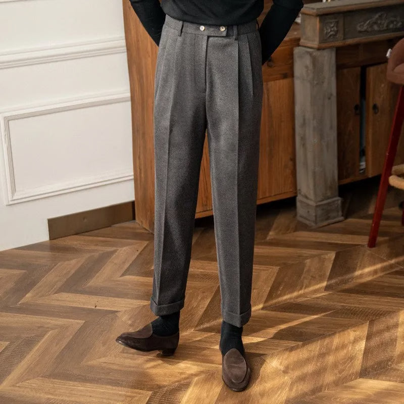 Mens Warm Wool Blend Pants, High Waisted Straight Leg Trousers for Autumn Winter Casual Suit Pant, Versatile Solid Color