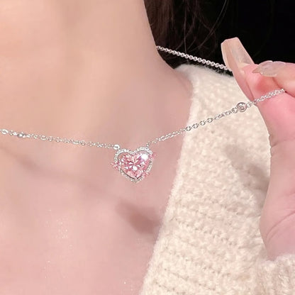 925 Sterling Silver Zircon Sweet Heart Pendant Necklace