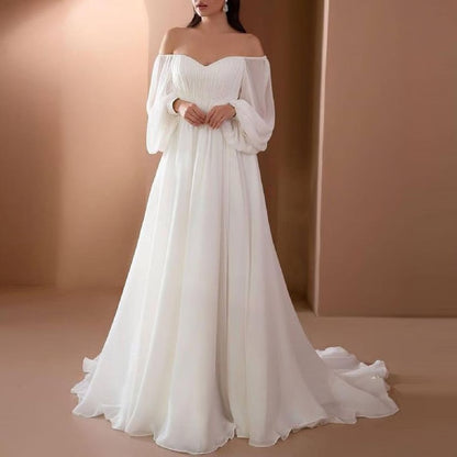 Elegant Womens Off Shoulder Maxi Dress, Sexy Lace Evening Gown Lantern Sleeve High Waist, White Long Flowy Hem Dress