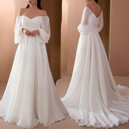 Elegant Womens Off Shoulder Maxi Dress, Sexy Lace Evening Gown Lantern Sleeve High Waist, White Long Flowy Hem Dress